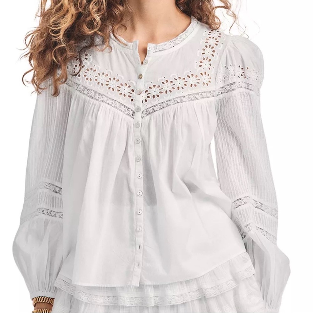 NWT LoveShackFancy Badyn Lace Inset Blouse True White - Size XS